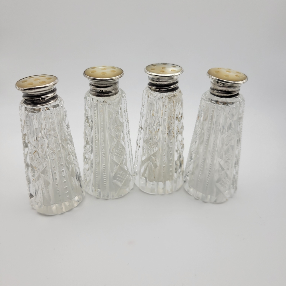 Vintage MCM Crystal Salt and Pepper Shakers Sterling Silver Caps Mother of Pearl - Picture 2 of 10
